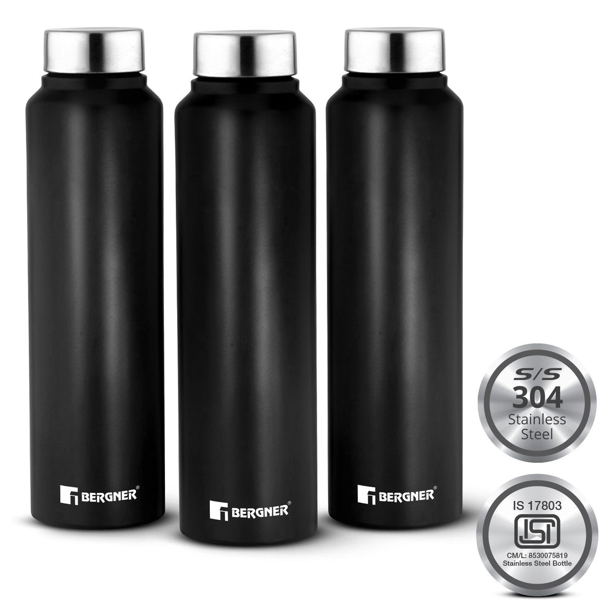 Bergner Walking Stainless Steel 3 Pcs (1000ml each) Water Bottles, Rustproof, Airtight and Leakproof - Black