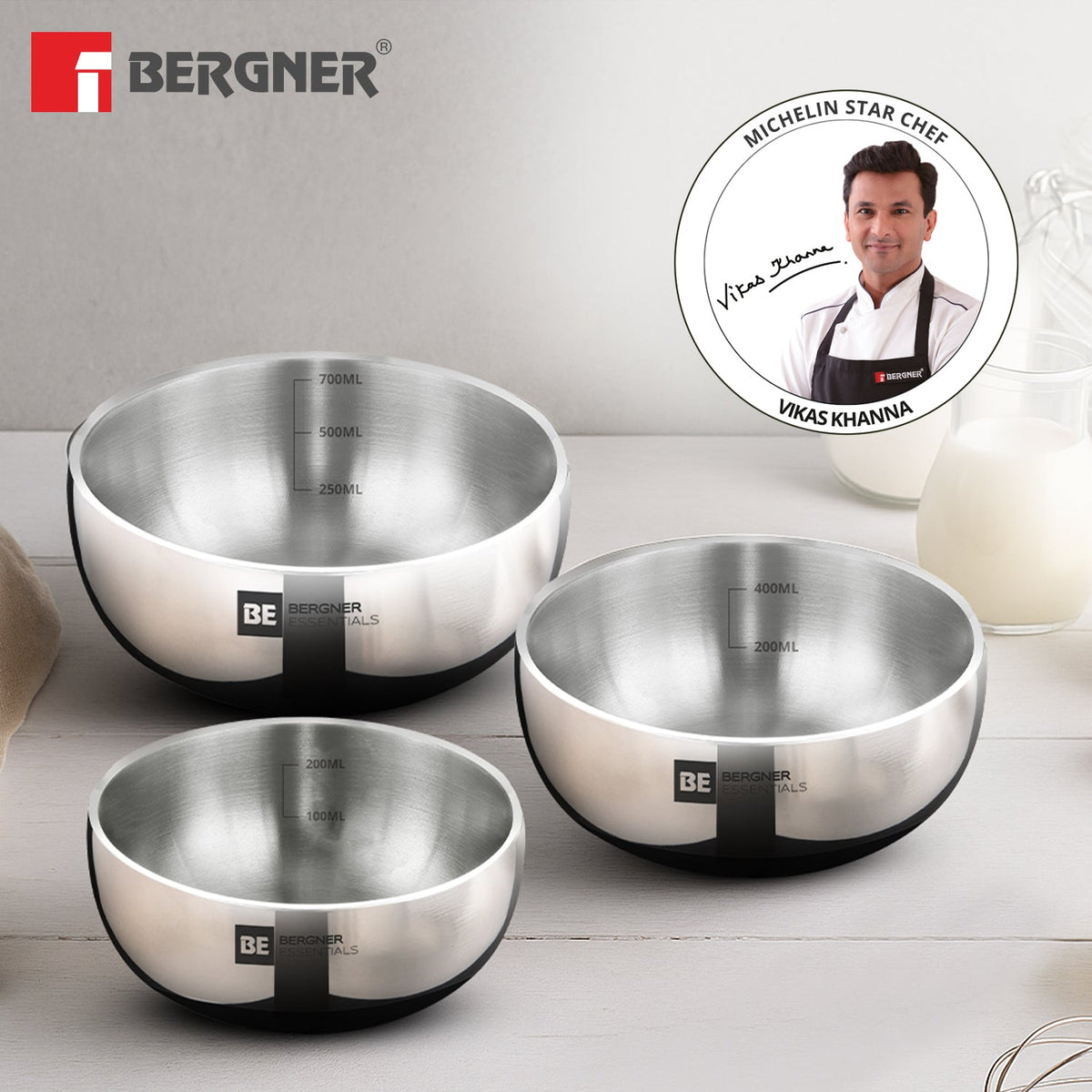 Bergner BE Essentials TriPly Stainless Steel 3 Pcs Mini Tasra Set