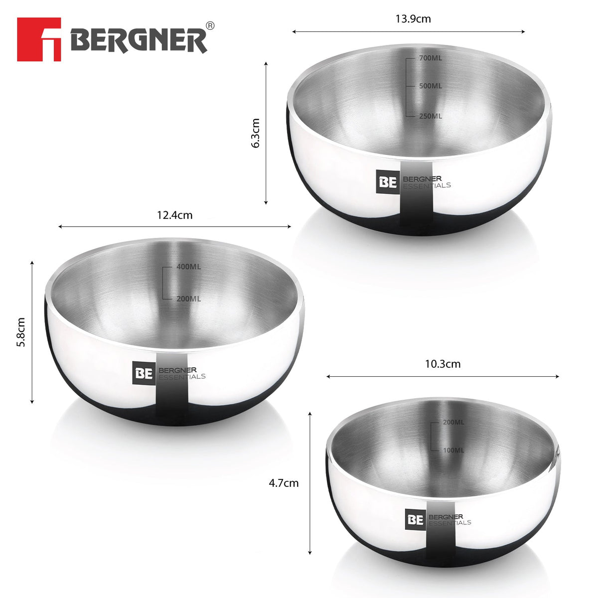 Bergner BE Essentials TriPly Stainless Steel 3 Pcs Mini Tasra Set