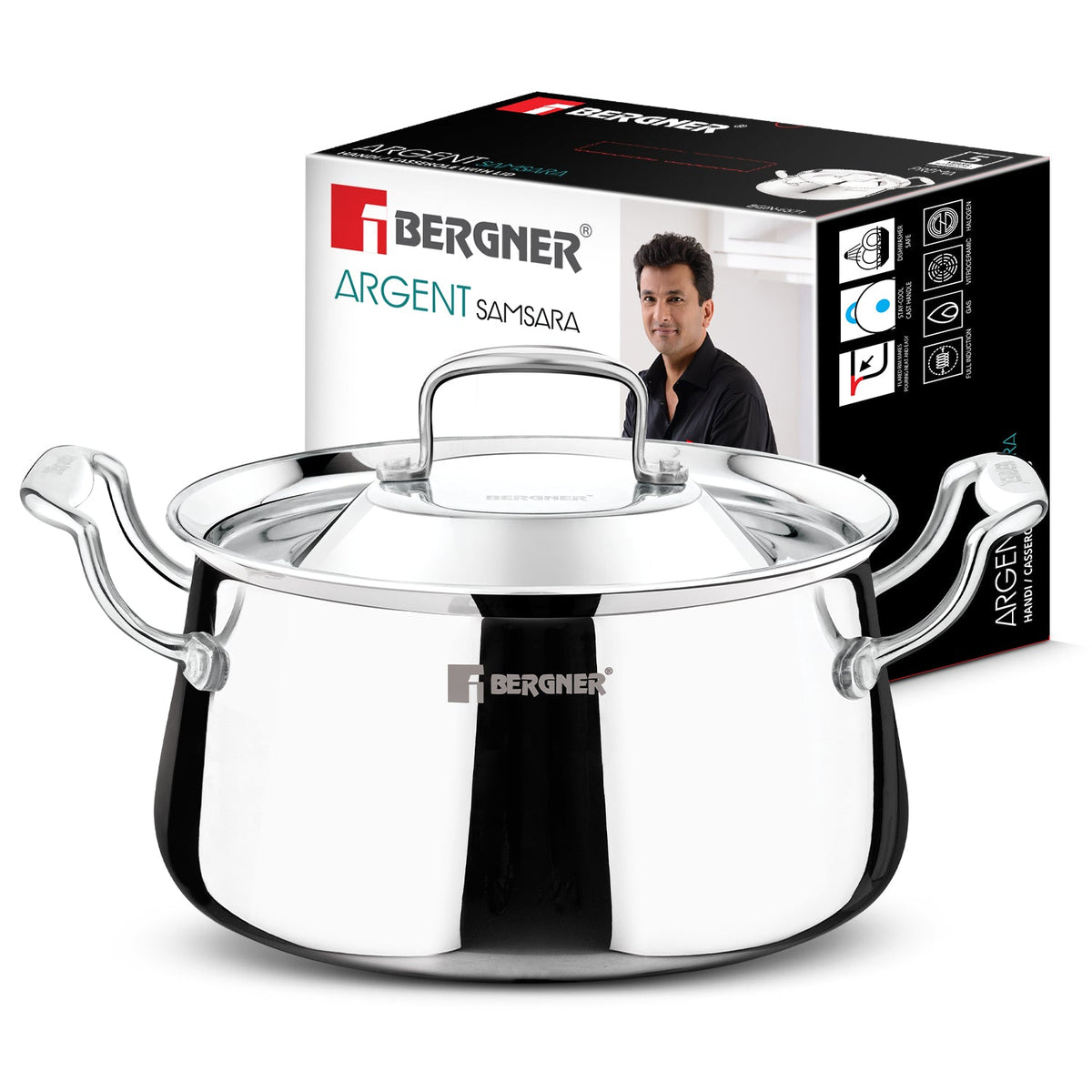 Bergner Argent Samsara Triply Rice Handi / Casserole with Stainless Steel Lid 24cm/(5.5L)