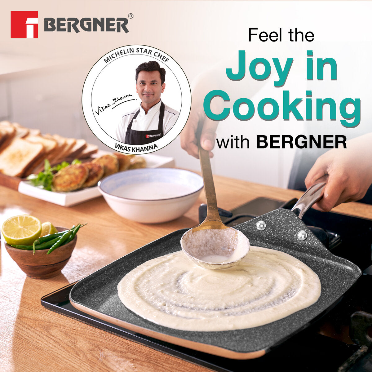 Bergner Argent Samsara Tri-Ply Stainless Steel 27cm Square Multi Tawa - Induction Bottom