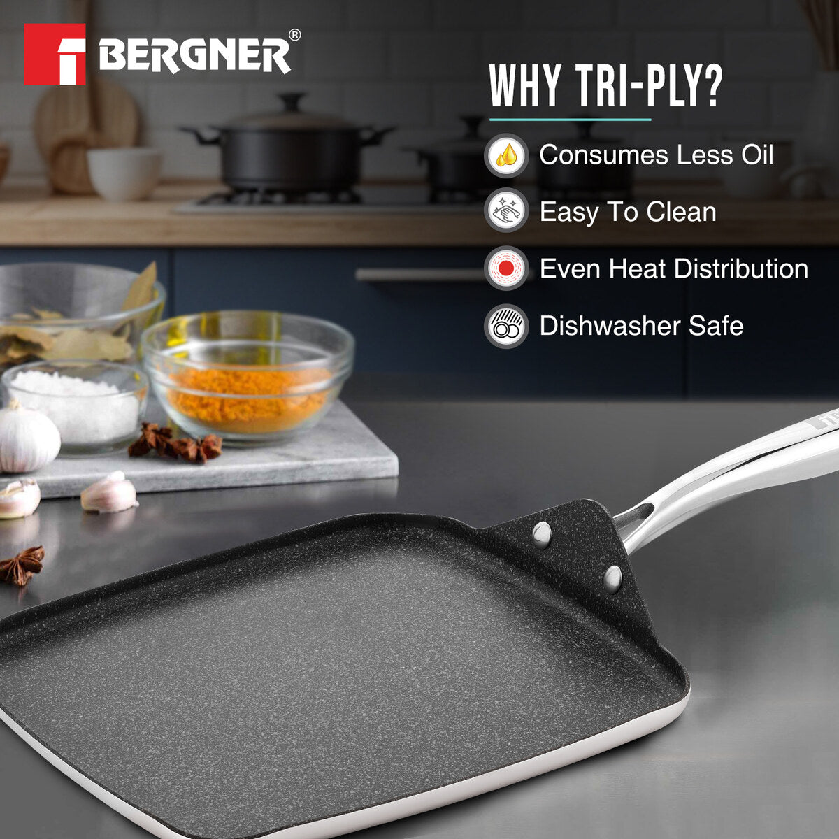 Bergner Argent Samsara Tri-Ply Stainless Steel 27cm Square Multi Tawa - Induction Bottom