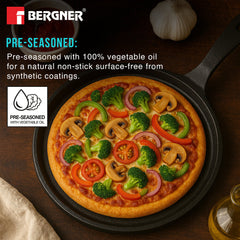 Bergner Eco Cast Iron 26cm Pizza Pan, Comes with Silicone Sleeves - Induction Compatible
