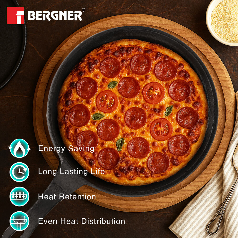 Bergner Eco Cast Iron 26cm Pizza Pan, Comes with Silicone Sleeves - Induction Compatible