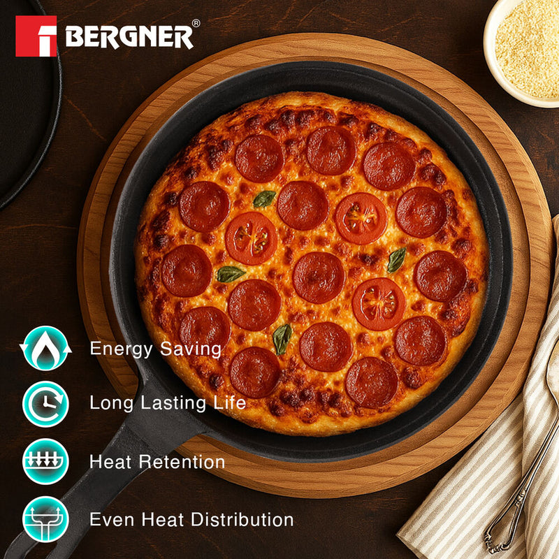 Bergner Eco Cast Iron 26cm Pizza Pan, Comes with Silicone Sleeves - Induction Compatible