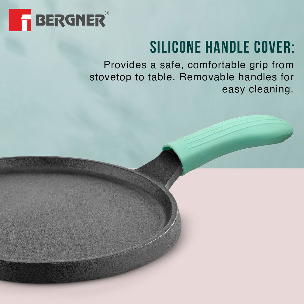 Bergner Eco Cast Iron 26cm Pizza Pan, Comes with Silicone Sleeves - Induction Compatible