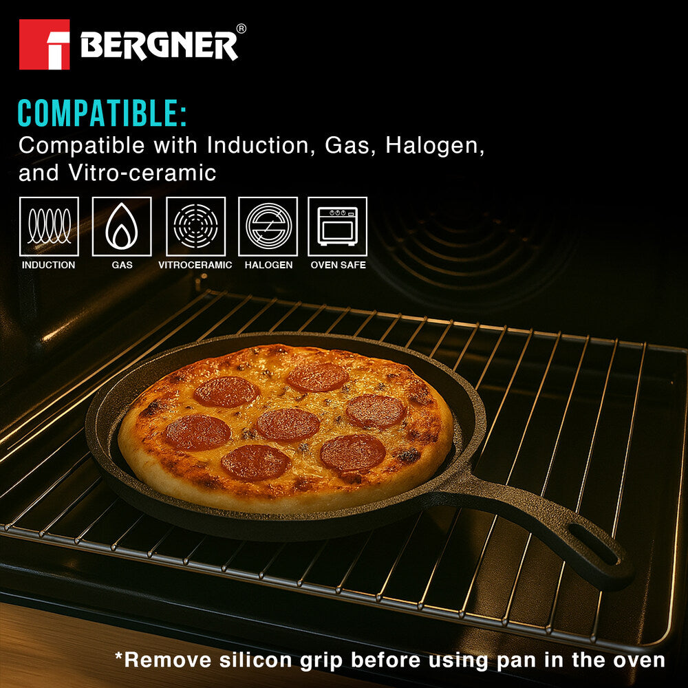 Bergner Eco Cast Iron 26cm Pizza Pan, Comes with Silicone Sleeves - Induction Compatible