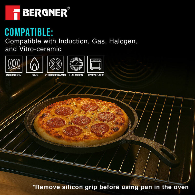 Bergner Eco Cast Iron 26cm Pizza Pan, Comes with Silicone Sleeves - Induction Compatible