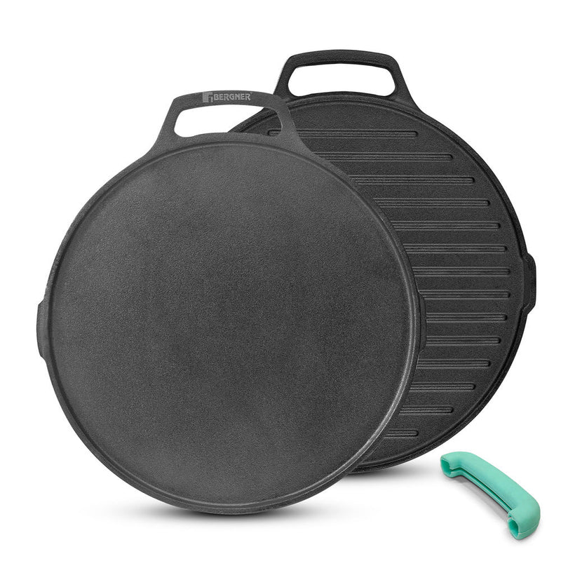 Bergner Eco Cast Iron 26cm Double Side Grill Pan, Comes with Silicone Sleeves - Induction Compatible