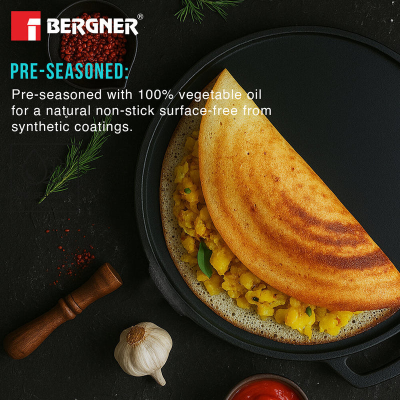 Bergner Eco Cast Iron 26cm Double Side Grill Pan, Comes with Silicone Sleeves - Induction Compatible