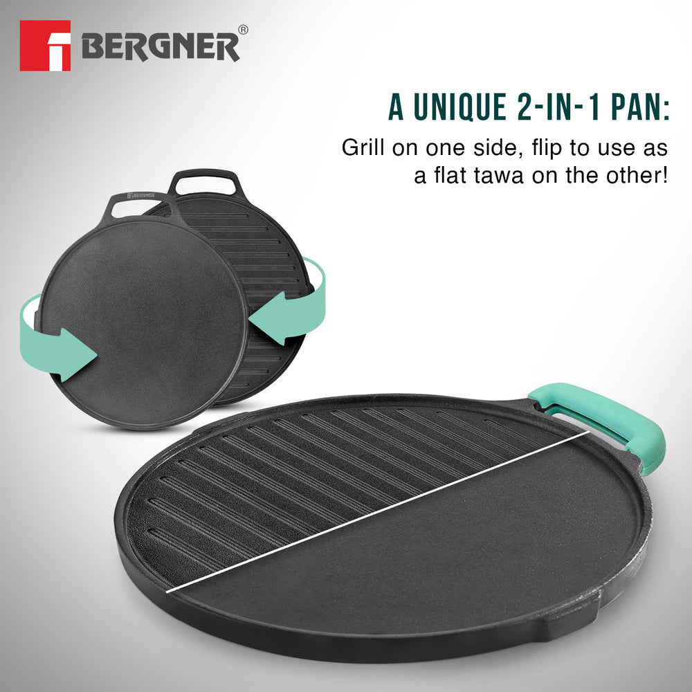 Bergner Eco Cast Iron 26cm Double Side Grill Pan, Comes with Silicone Sleeves - Induction Compatible