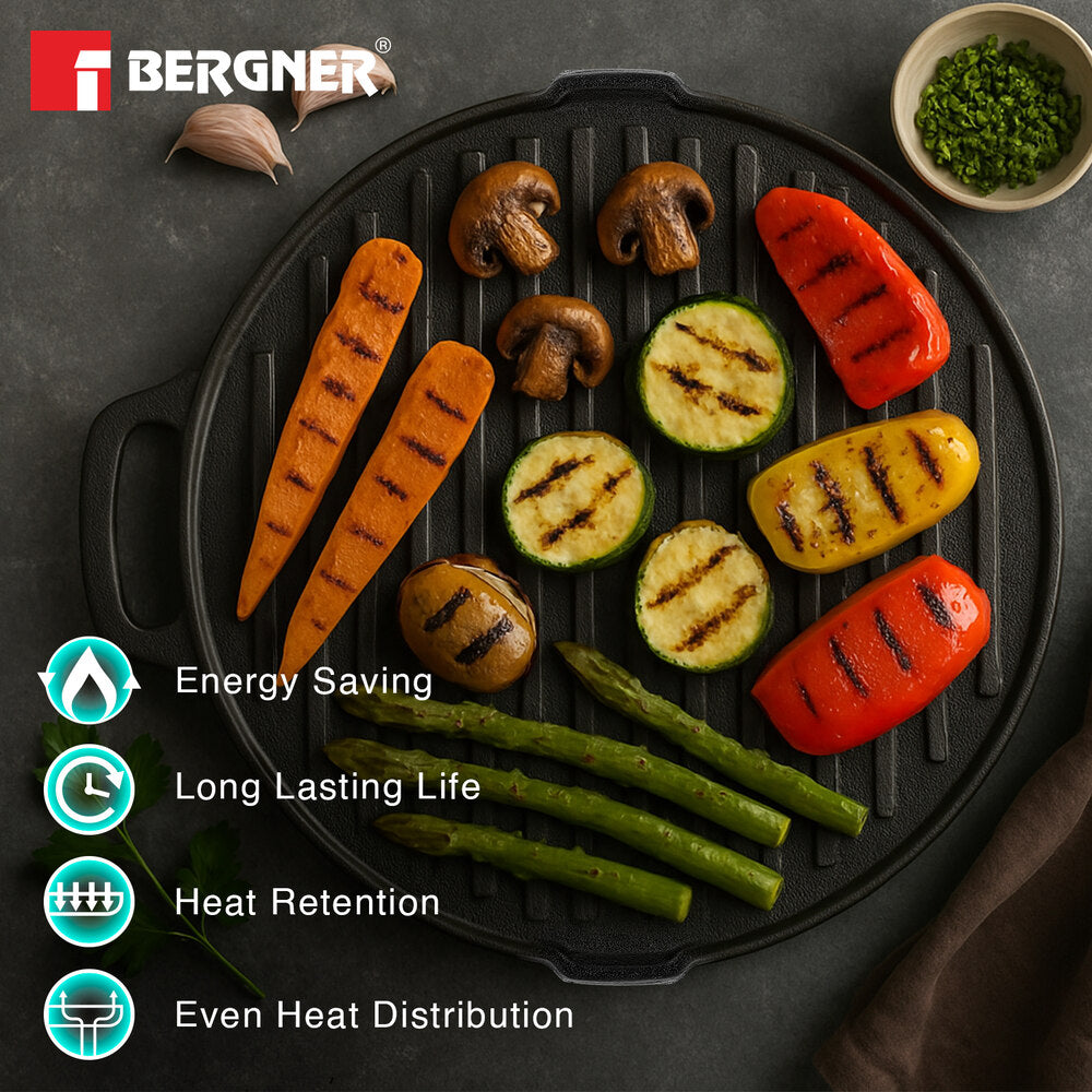 Bergner Eco Cast Iron 26cm Double Side Grill Pan, Comes with Silicone Sleeves - Induction Compatible
