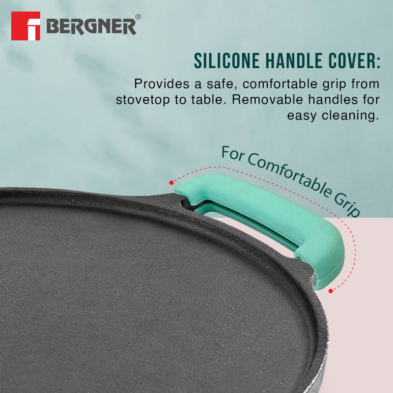 Bergner Eco Cast Iron 26cm Double Side Grill Pan, Comes with Silicone Sleeves - Induction Compatible