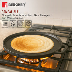 Bergner Eco Cast Iron 26cm Double Side Grill Pan, Comes with Silicone Sleeves - Induction Compatible