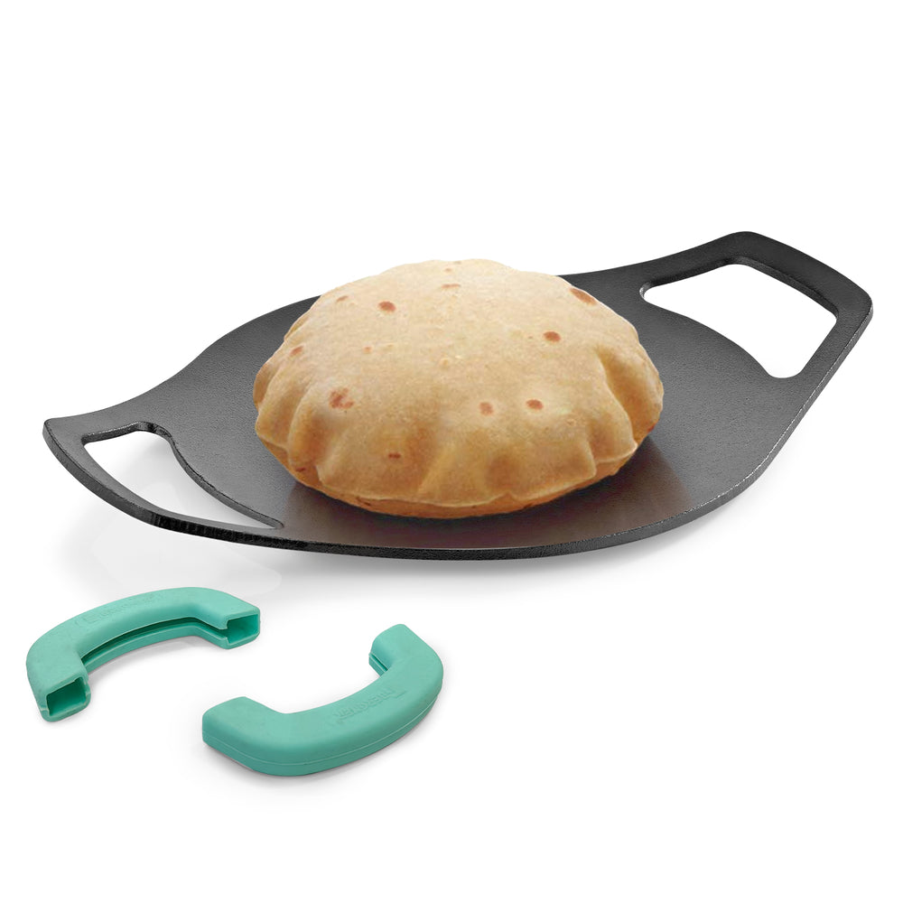 Bergner Eco Cast Iron 24cm Concave Tawa / Roti Tawa, Comes with Silicone Sleeves - Induction Compatible