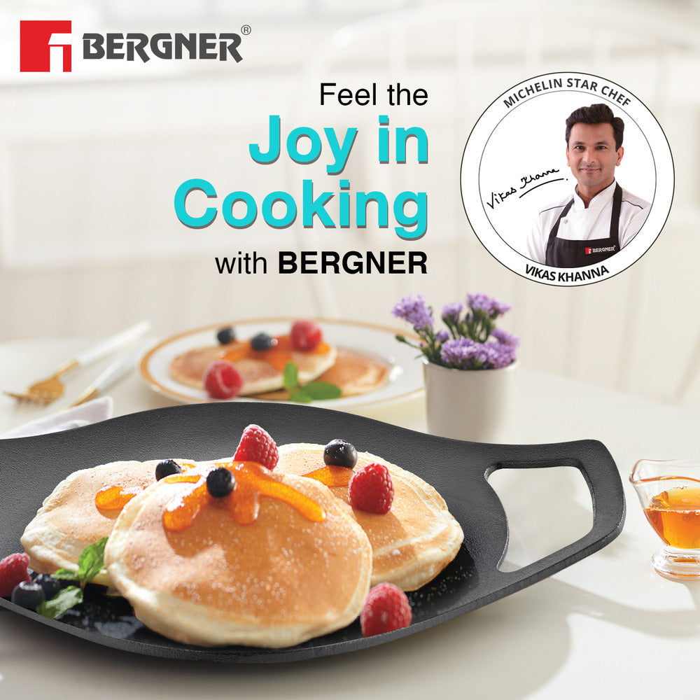 Bergner Eco Cast Iron 24cm Concave Tawa / Roti Tawa, Comes with Silicone Sleeves - Induction Compatible