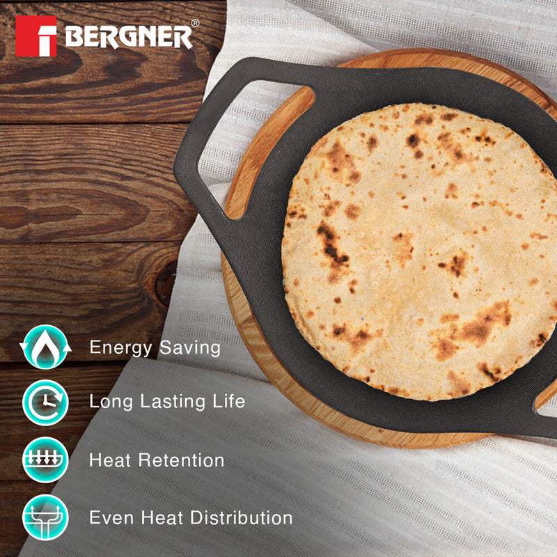 Bergner Eco Cast Iron 24cm Concave Tawa / Roti Tawa, Comes with Silicone Sleeves - Induction Compatible