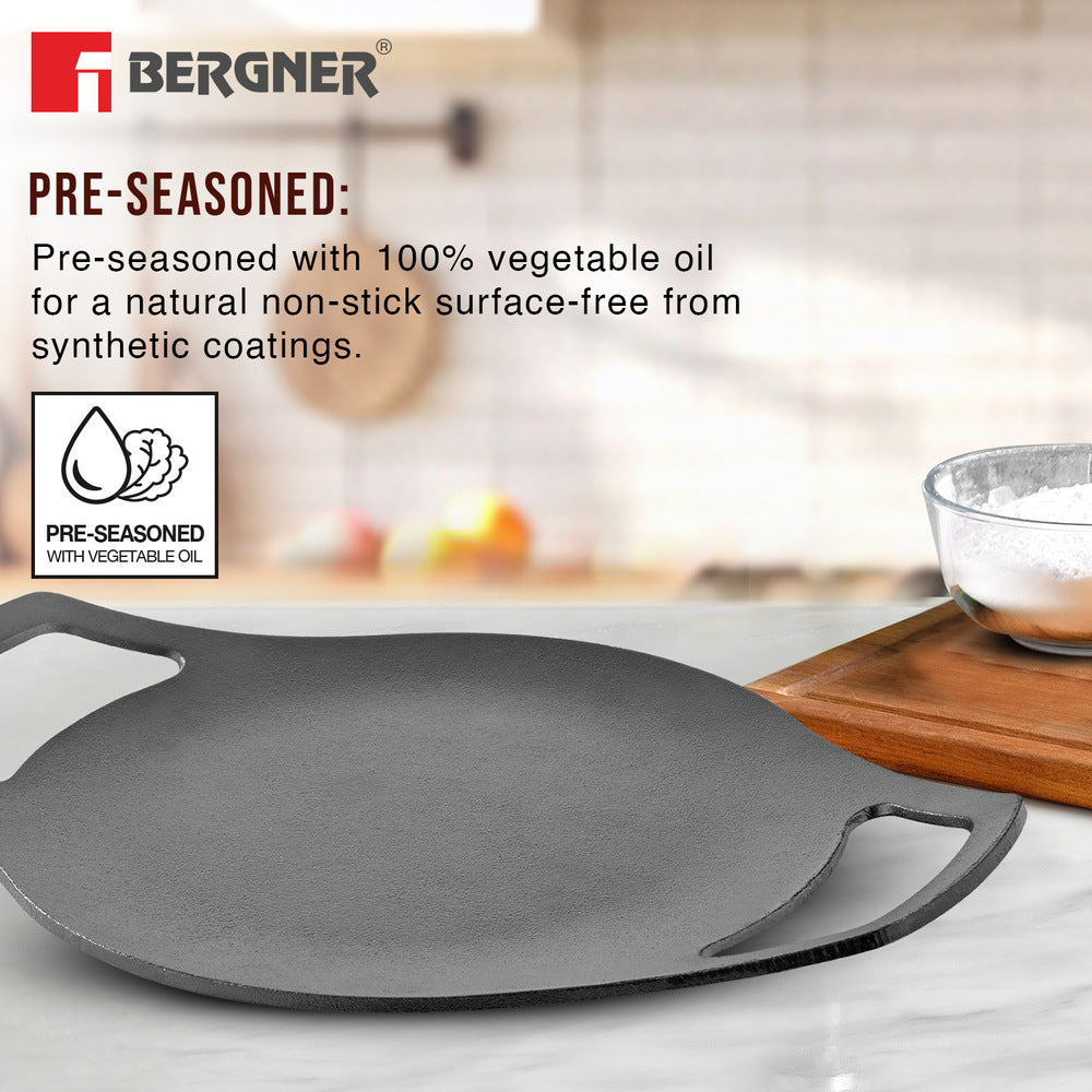 Bergner Eco Cast Iron 24cm Concave Tawa / Roti Tawa, Comes with Silicone Sleeves - Induction Compatible