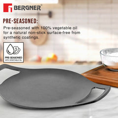 Bergner Eco Cast Iron 24cm Concave Tawa / Roti Tawa, Comes with Silicone Sleeves - Induction Compatible