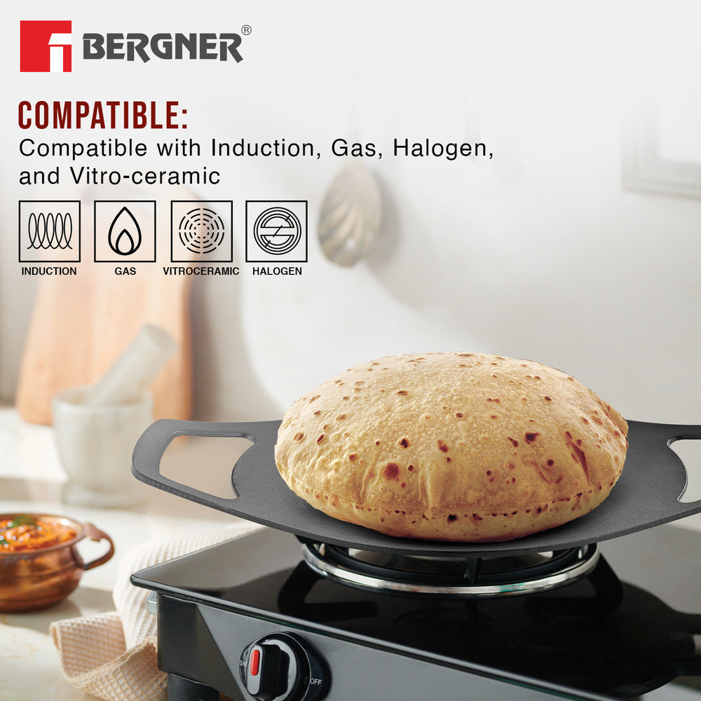 Bergner Eco Cast Iron 24cm Concave Tawa / Roti Tawa, Comes with Silicone Sleeves - Induction Compatible