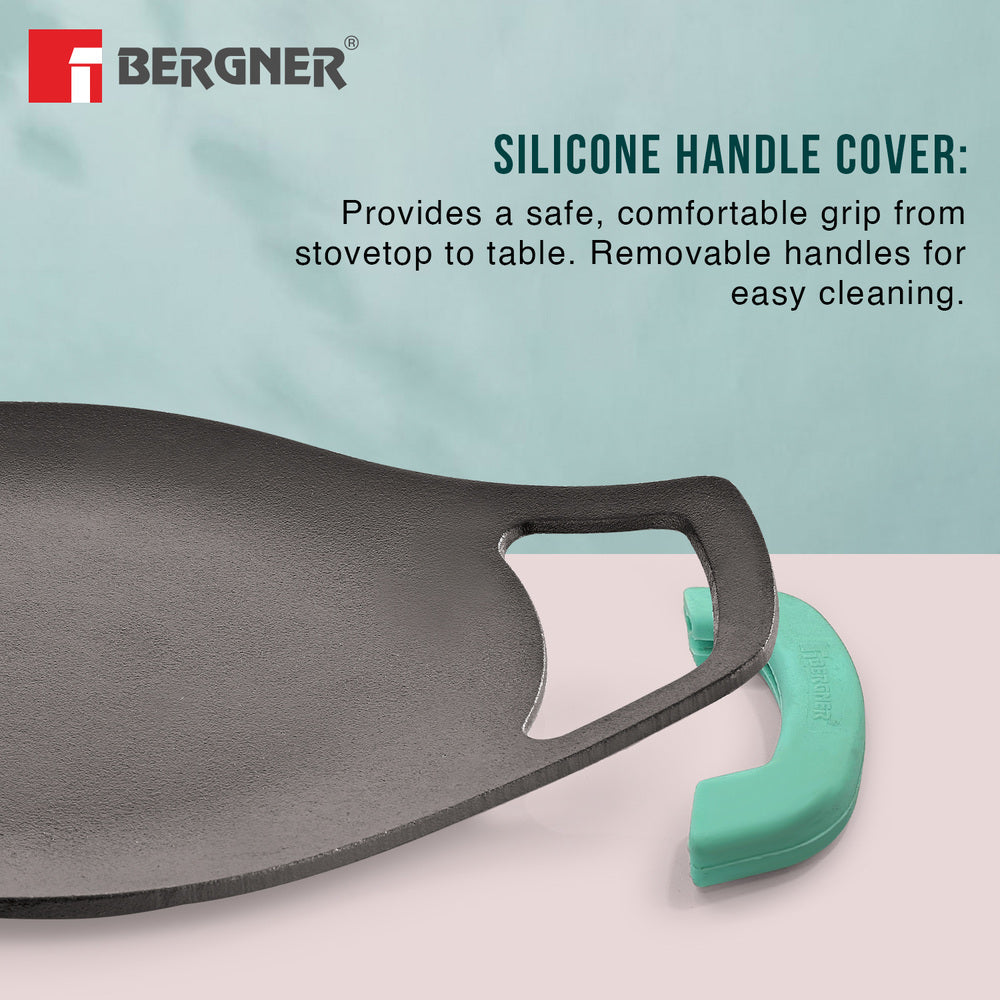 Bergner Eco Cast Iron 24cm Concave Tawa / Roti Tawa, Comes with Silicone Sleeves - Induction Compatible