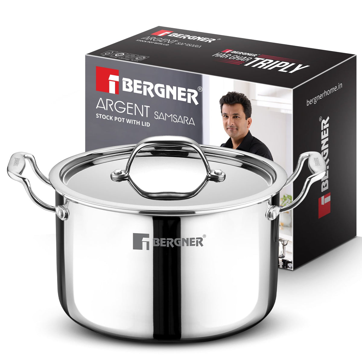 Bergner Argent Samsara Triply Stainless Steel 18cm (3L) Stock Pot/Casserole with Lid
