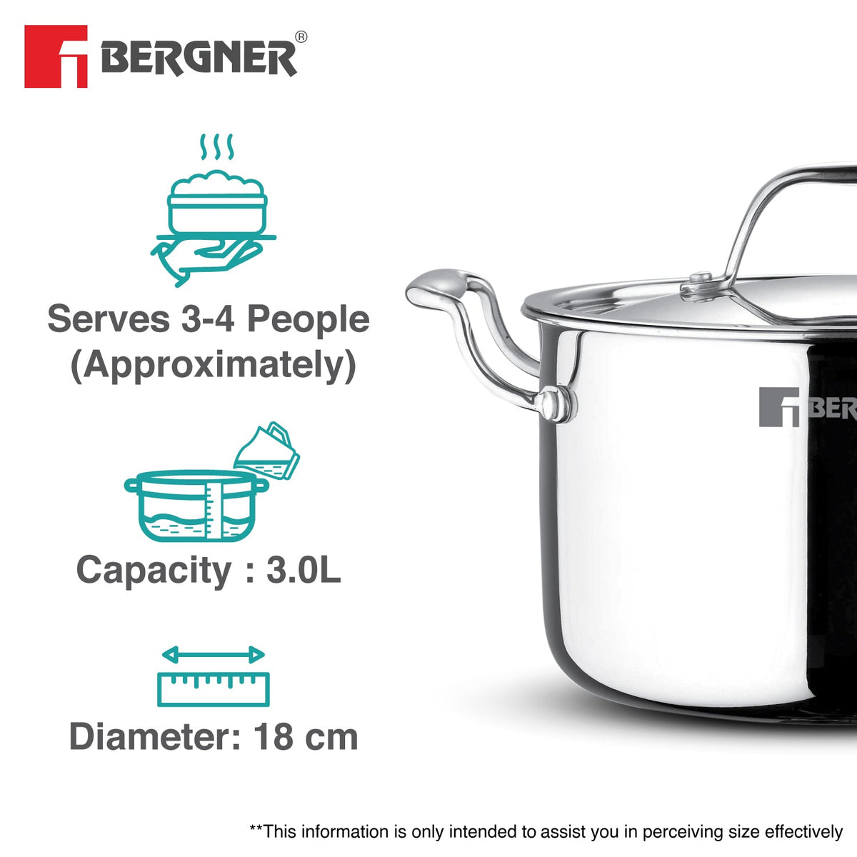 Bergner Argent Samsara Triply Stainless Steel 18cm (3L) Stock Pot/Casserole with Lid