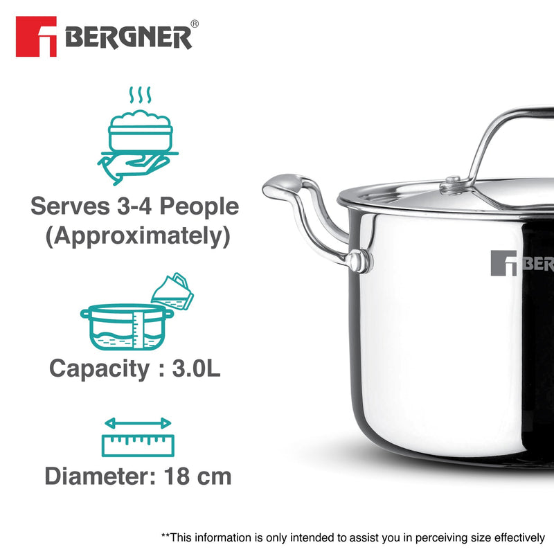 Bergner Argent Samsara Triply Stainless Steel 18cm (3L) Stock Pot/Casserole with Lid