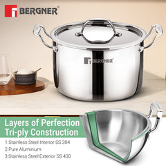 Bergner Argent Samsara Triply Stainless Steel 18cm (3L) Stock Pot/Casserole with Lid