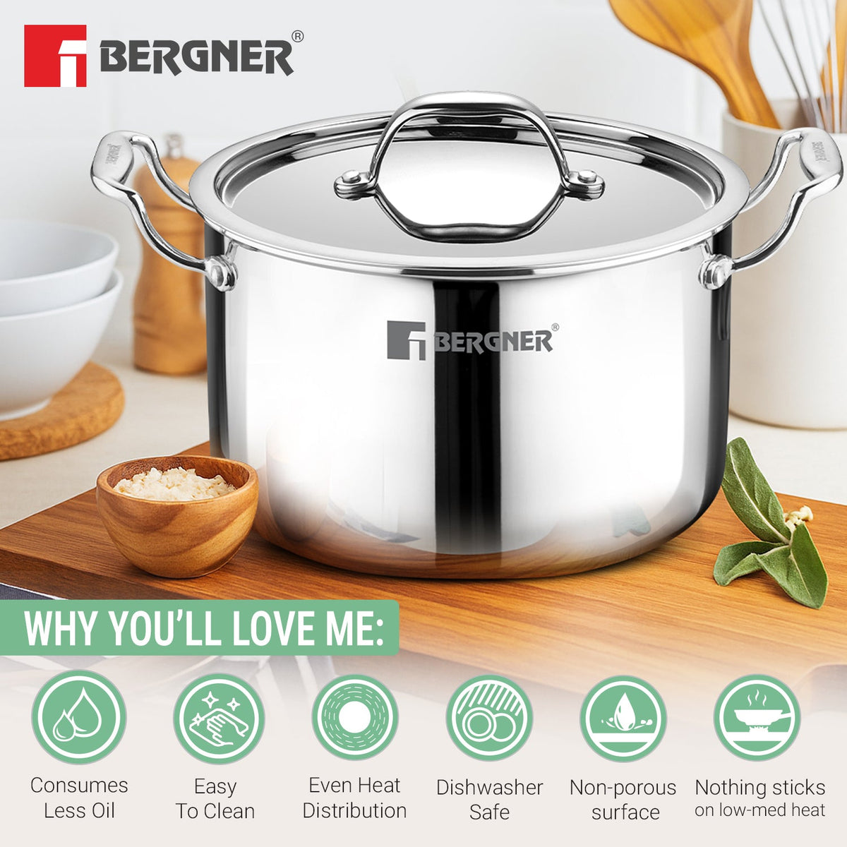 Bergner Argent Samsara Triply Stainless Steel 18cm (3L) Stock Pot/Casserole with Lid