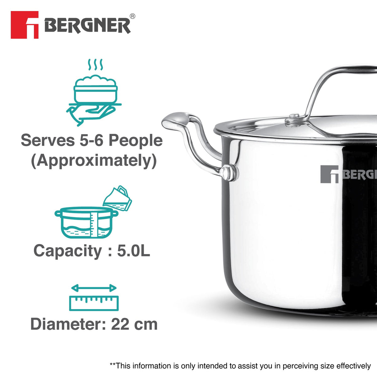Bergner Argent Samsara Triply Stainless Steel 22cm (5L) Casserole/Stock Pot