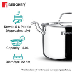 Bergner Argent Samsara Triply Stainless Steel 22cm (5L) Casserole/Stock Pot