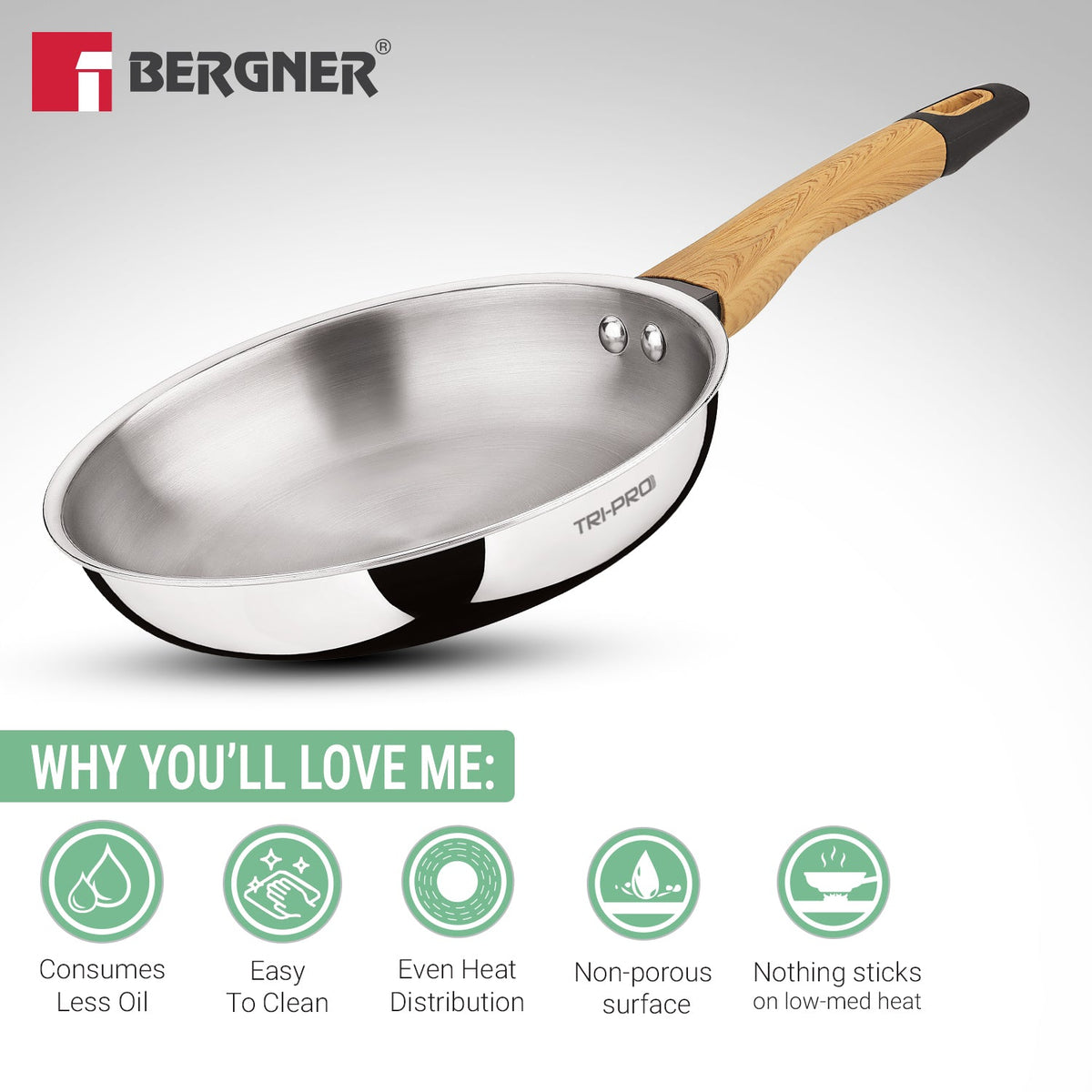 Bergner TriPro Tri-Ply Stainless Steel 24cm Frypan with Wooden Soft Touch Handle - Induction Compatible