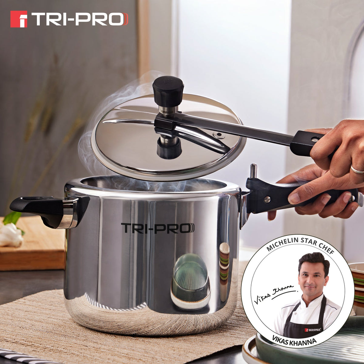 Bergner TriPro Tri-Ply Stainless Steel 5L Inner Lid Pressure Cooker - Induction Compatible