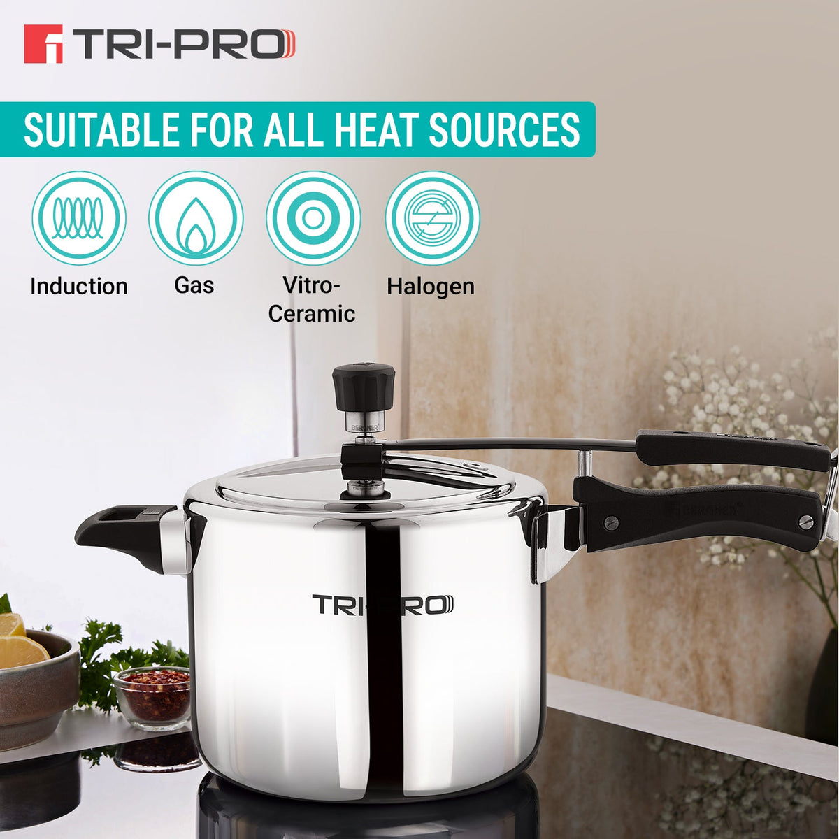 Bergner TriPro Tri-Ply Stainless Steel 5L Inner Lid Pressure Cooker - Induction Compatible
