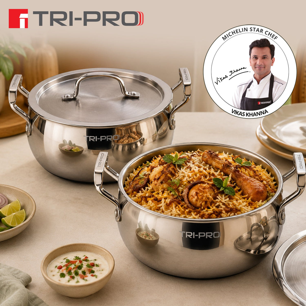 Bergner TriPro Triply Stainless Steel Belly Shape Casserole with Lid 4 Pcs Set
