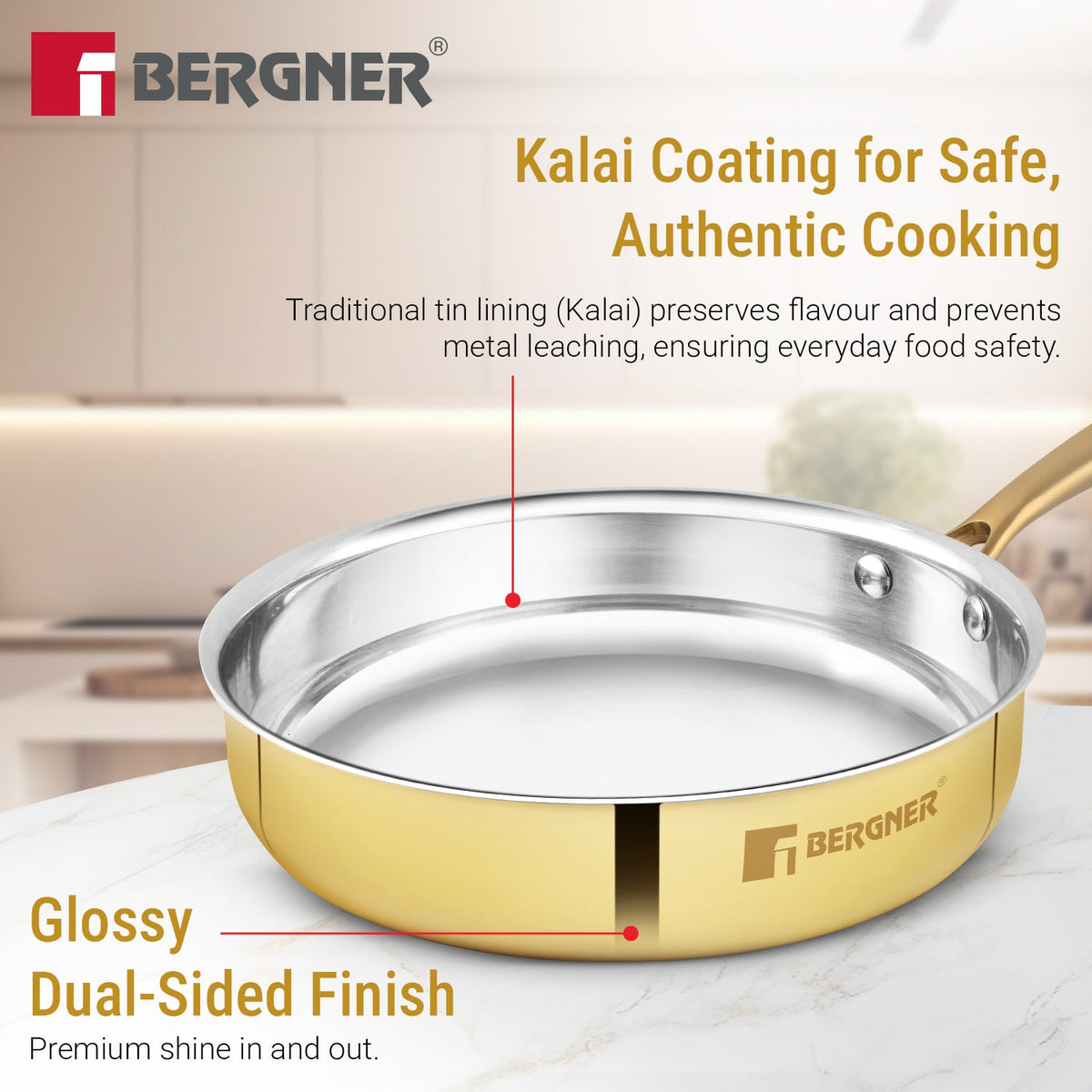 Bergner Peetlam Sautepan with Lid 22cm/1.3L, Traditional, Tin/Kalai Coated Brass