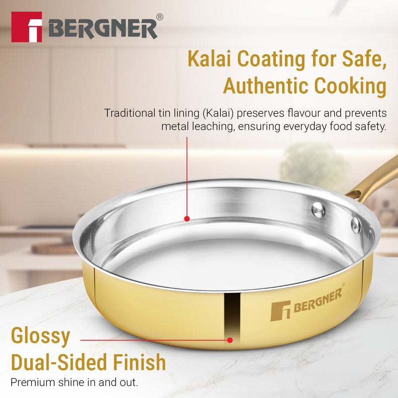 Bergner Peetlam Sautepan with Lid 22cm/1.3L, Traditional, Tin/Kalai Coated Brass