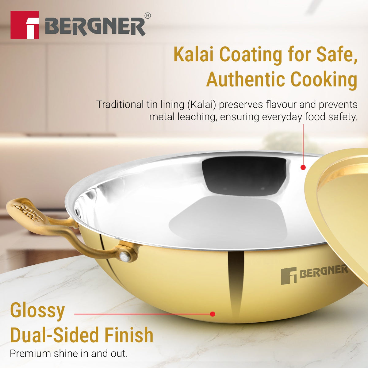 Bergner Peetlam 20cm / 1.5L Kadai with Lid, Tin (Kalai) Coated Kadhai, Brass