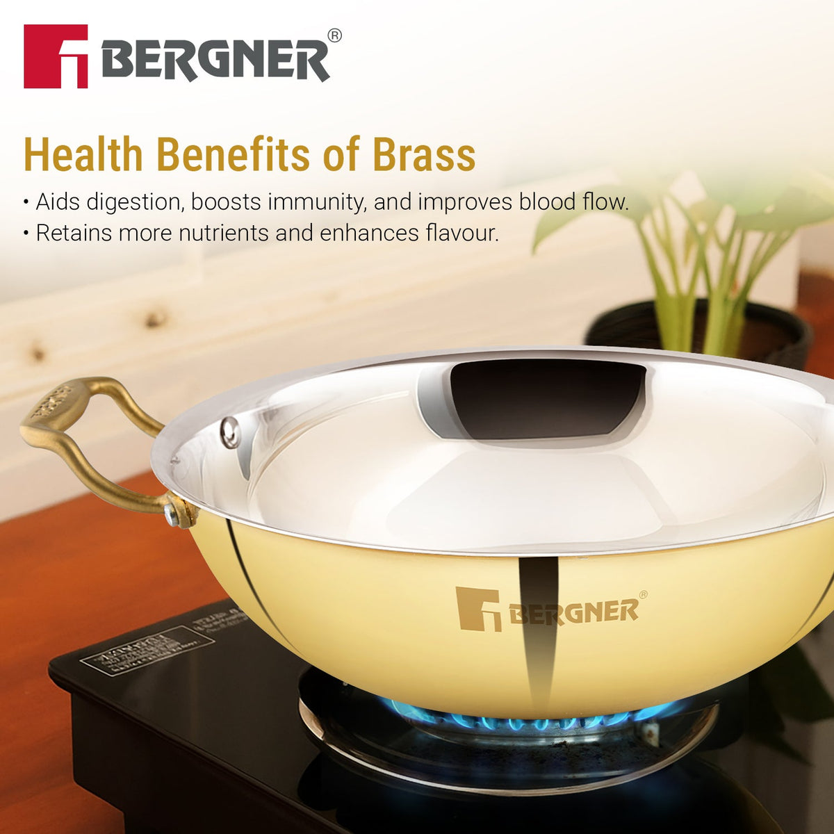 Bergner Peetlam 20cm / 1.5L Kadai with Lid, Tin (Kalai) Coated Kadhai, Brass