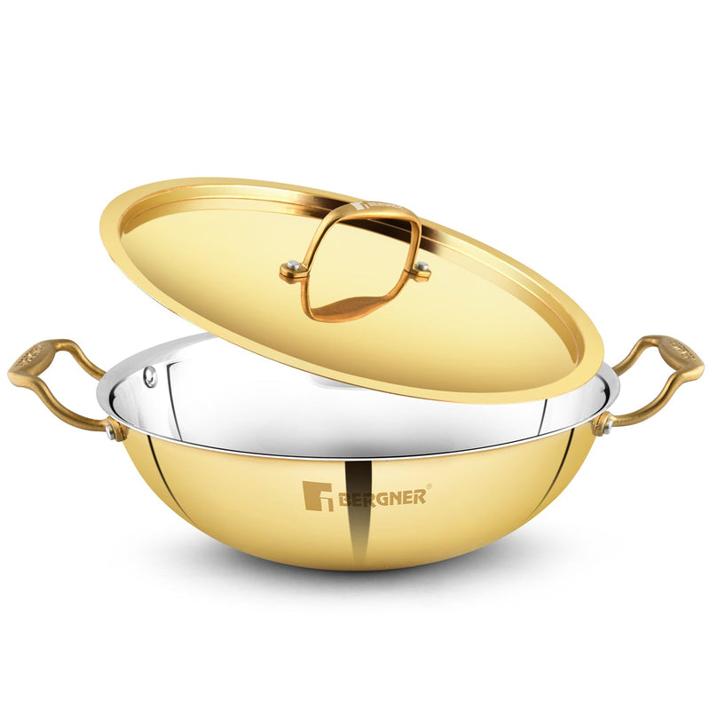Bergner Peetlam 20cm / 1.5L Kadai with Lid, Tin (Kalai) Coated Kadhai, Brass