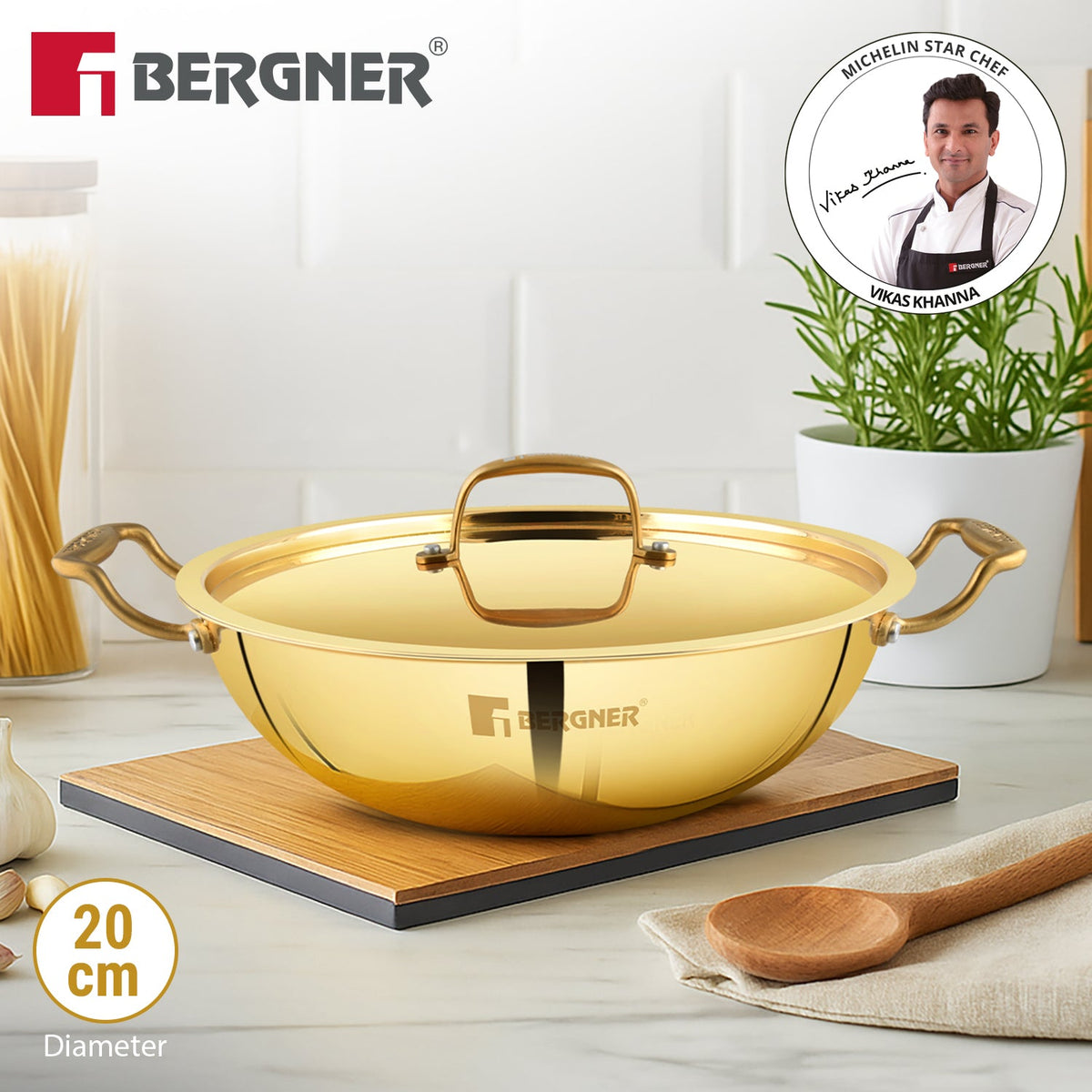 Bergner Peetlam 24cm / 2.5L Kadai with Lid, Tin (Kalai) Coated Kadhai, Brass
