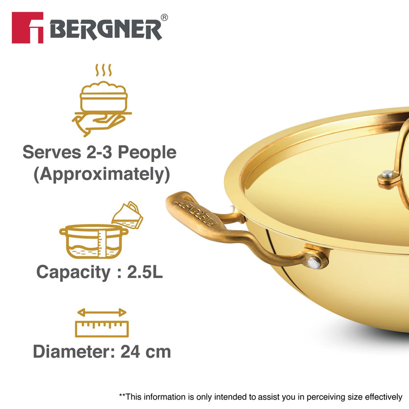 Bergner Peetlam 24cm / 2.5L Kadai with Lid, Tin (Kalai) Coated Kadhai, Brass