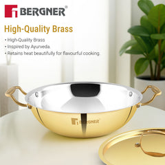 Bergner Peetlam 24cm / 2.5L Kadai with Lid, Tin (Kalai) Coated Kadhai, Brass