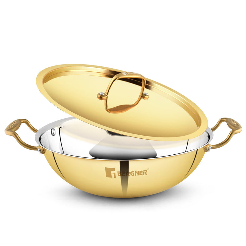 Bergner Peetlam 24cm / 2.5L Kadai with Lid, Tin (Kalai) Coated Kadhai, Brass