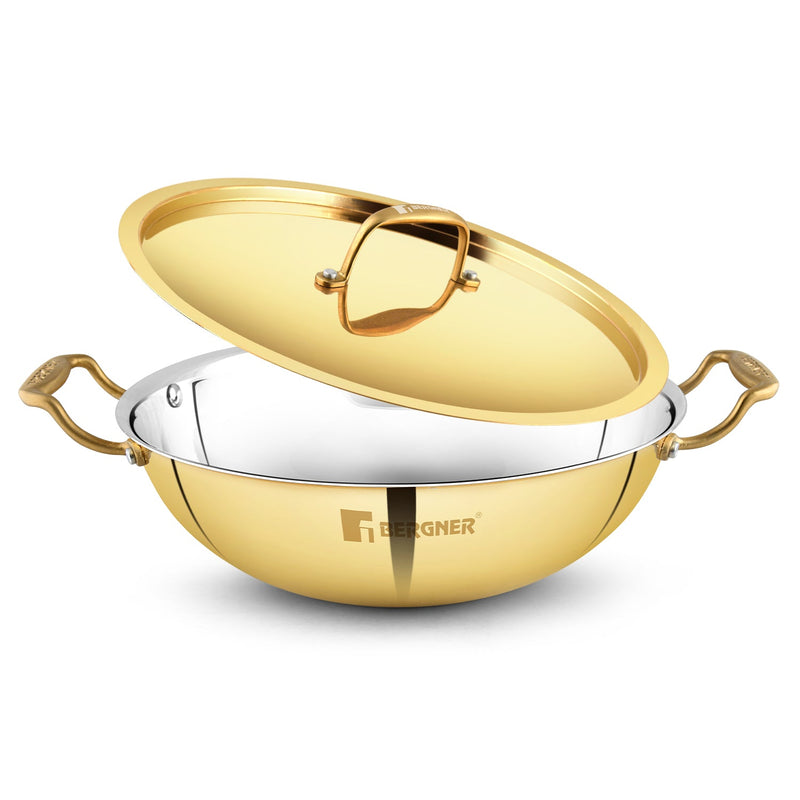 Bergner Peetlam 28cm / 4.3L Kadai with Lid, Tin (Kalai) Coated Kadhai, Brass