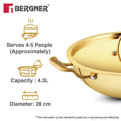 Bergner Peetlam 28cm / 4.3L Kadai with Lid, Tin (Kalai) Coated Kadhai, Brass