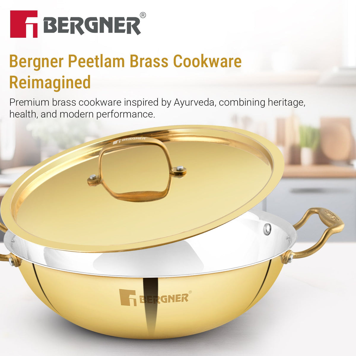 Bergner Peetlam 28cm / 4.3L Kadai with Lid, Tin (Kalai) Coated Kadhai, Brass