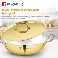 Bergner Peetlam 28cm / 4.3L Kadai with Lid, Tin (Kalai) Coated Kadhai, Brass