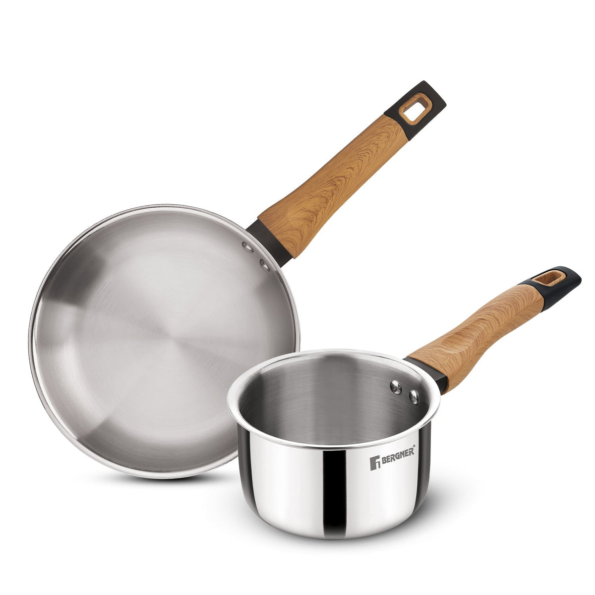 Bergner TriPro Triply Stainless Steel 2 Pcs Wooden Soft Touch Handle Cookware Set